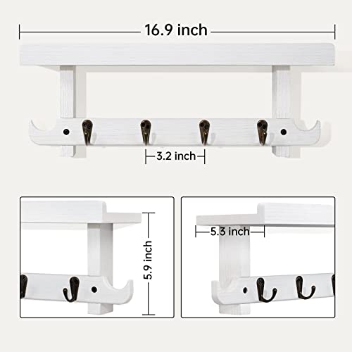 Emfogo Coat Rack Wall Mount 16.9" Key Holder Wall Mount with 6 Coat Hooks Rustic Wall Coat Rack with Hooks for Entryway, Bathroom, Living Room White