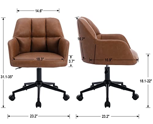 Modern PU Leather Office Chair, Height Adjustable Comfy Desk Chair with Wheels, 18.3” Wide Swivel Armchair for Living Room Home Office Computer, Brown