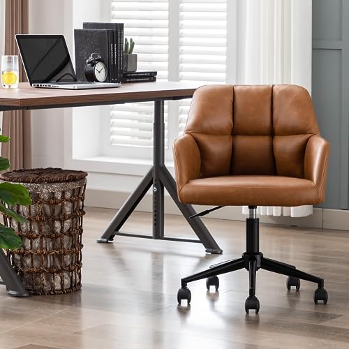 Modern PU Leather Office Chair, Height Adjustable Comfy Desk Chair with Wheels, 18.3” Wide Swivel Armchair for Living Room Home Office Computer, Brown