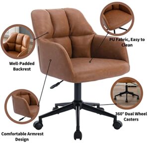 Modern PU Leather Office Chair, Height Adjustable Comfy Desk Chair with Wheels, 18.3” Wide Swivel Armchair for Living Room Home Office Computer, Brown