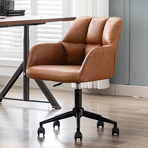 Modern PU Leather Office Chair, Height Adjustable Comfy Desk Chair with Wheels, 18.3” Wide Swivel Armchair for Living Room Home Office Computer, Brown