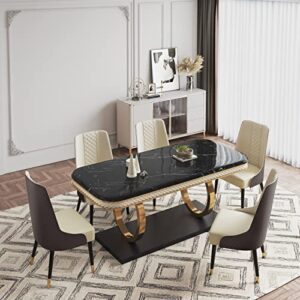 povison dining table, black modern dining table for 6, 63'' rectangular dining table with marble top for kitchen & dining room, with unique stable luxury pedestal