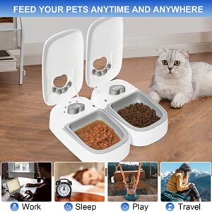 PeTnessGO Automatic 2 Meals Cat Feeder, Pet Feeder with Programmable Timer, LED Display, Power Saving Mode, Dishwasher-Safe Tray Feeds Wet or Dry Food, Dispenser for Cat and Dog, 48-Hour Timed