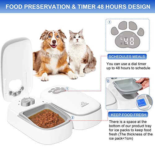 PeTnessGO Automatic 2 Meals Cat Feeder, Pet Feeder with Programmable Timer, LED Display, Power Saving Mode, Dishwasher-Safe Tray Feeds Wet or Dry Food, Dispenser for Cat and Dog, 48-Hour Timed