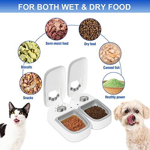 PeTnessGO Automatic 2 Meals Cat Feeder, Pet Feeder with Programmable Timer, LED Display, Power Saving Mode, Dishwasher-Safe Tray Feeds Wet or Dry Food, Dispenser for Cat and Dog, 48-Hour Timed