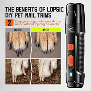 LOPSIC Dog Nail Grinder with 2 LED Lights, 2-Speed Powerful Rechargeable Dog Nail Trimmers and Clipper Kit Ultra Quiet Painless Dog Nail Clipper for Small Large Dogs Cats Claw Care,2 Grinding Wheels
