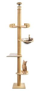 hoperan floor-to-ceiling cat tree (adjustable height: 100.3" - 106.3") 4-layer cat climbing tower with hammock, fence springboard, space capsule, fence lookout, natural sisal rope scratching posts