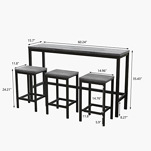 HABITRIO Dining Room Set, Rectangular Sturdy Steel Frame Grey Finished Wood Panel Board Tabletop Dining Table with 3 Counter Height Stools with Footrest, Fit for Kitchen, Pub