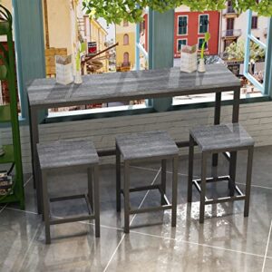 HABITRIO Dining Room Set, Rectangular Sturdy Steel Frame Grey Finished Wood Panel Board Tabletop Dining Table with 3 Counter Height Stools with Footrest, Fit for Kitchen, Pub