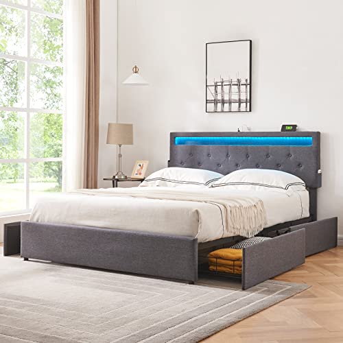 Alohappy Queen Bed Frame with 4 Storage Drawers & LED Lights & Adjustable Headboard, Upholstered Platform Bed Frame Queen Size with 2 USB Ports, No Box Spring Needed, Dark Grey