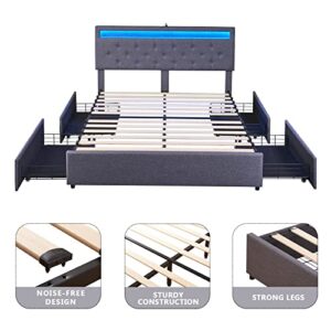 Alohappy Queen Bed Frame with 4 Storage Drawers & LED Lights & Adjustable Headboard, Upholstered Platform Bed Frame Queen Size with 2 USB Ports, No Box Spring Needed, Dark Grey