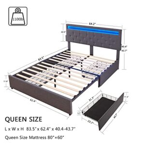 Alohappy Queen Bed Frame with 4 Storage Drawers & LED Lights & Adjustable Headboard, Upholstered Platform Bed Frame Queen Size with 2 USB Ports, No Box Spring Needed, Dark Grey