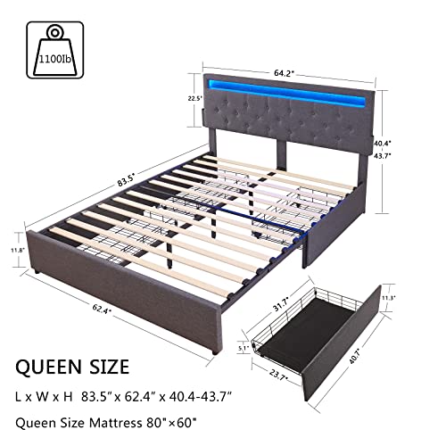 Alohappy Queen Bed Frame with 4 Storage Drawers & LED Lights & Adjustable Headboard, Upholstered Platform Bed Frame Queen Size with 2 USB Ports, No Box Spring Needed, Dark Grey