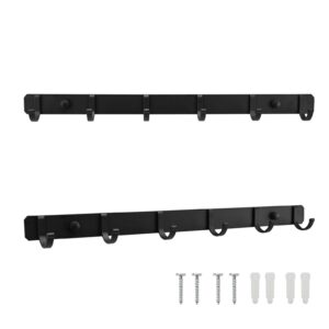 Potaosey 2PC Black Wall Coat Rack, Wall Mounted Coat Rack with 6 Sliding Hook,Sliding Coat Rack Wall Mounted,Metal Coat Hooks Rail for Coat Hat Key Bathroom Entryway