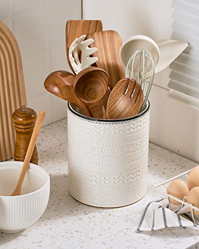 Getstar Large (7.2” x 6.2”) Kitchen Counter, Ceramic Cooking Utensil Holder with Protective & Non-Slip Cork Mat, Farmhouse Kitchen Decor