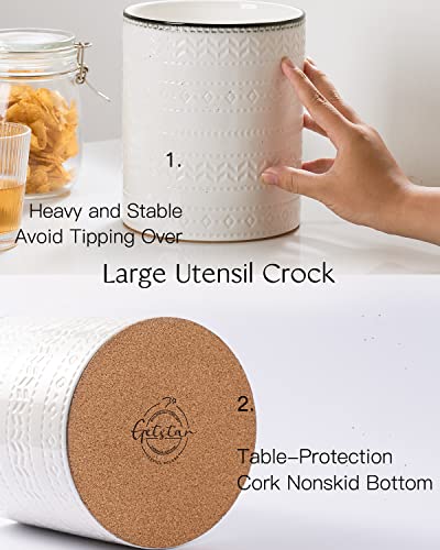 Getstar Large (7.2” x 6.2”) Kitchen Counter, Ceramic Cooking Utensil Holder with Protective & Non-Slip Cork Mat, Farmhouse Kitchen Decor