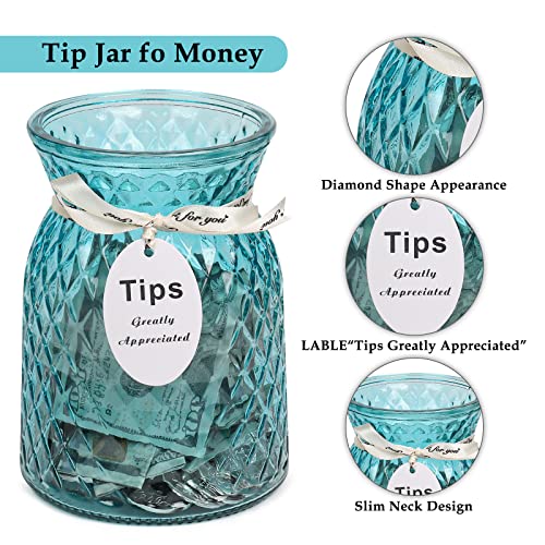 Glass Tip Jar for Bartenders, Musicians, and Restaurants - Large Money Jar for Collecting Tips. (BLUE)