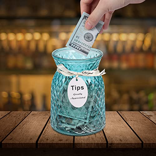 Glass Tip Jar for Bartenders, Musicians, and Restaurants - Large Money Jar for Collecting Tips. (BLUE)