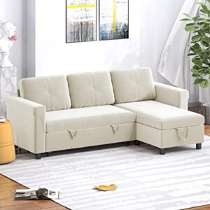 balus l-shape reversible dutch velvet sleeper sectional sofa with storage chaise, pull out sofa bed, corner couch with arms for living room, home furniture, apartment, dorm (beige)