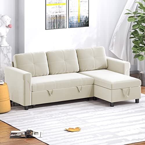 BALUS L-Shape Reversible Dutch Velvet Sleeper Sectional Sofa with Storage Chaise, Pull Out Sofa Bed, Corner Couch with Arms for Living Room, Home Furniture, Apartment, Dorm (Beige)