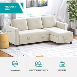 BALUS L-Shape Reversible Dutch Velvet Sleeper Sectional Sofa with Storage Chaise, Pull Out Sofa Bed, Corner Couch with Arms for Living Room, Home Furniture, Apartment, Dorm (Beige)