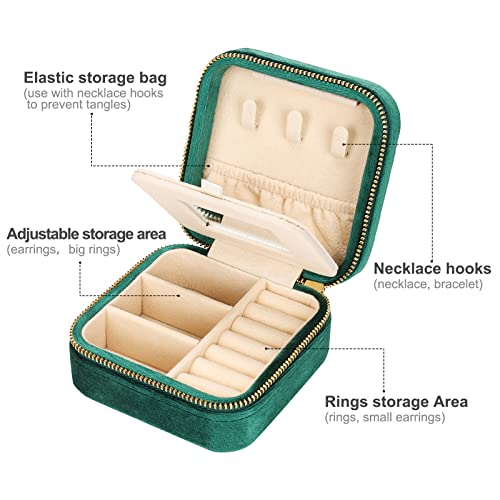 Mpeyuiltic Travel Jewelry Case, Velvet Travel Jewelry Box, Portable Small Travel Jewelry Organizer for Women Girls with Mirror (Emerald)