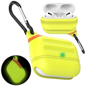atimira for airpods pro 2 case waterproof, anti-lost silicone protective cover, wireless charging & led visible, with hook compatible with for apple airpods pro accessories, night glow yellow