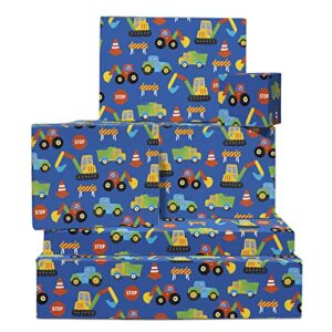 central 23 boys wrapping paper - 6 sheets of gift wrap with tags - tractor wrapping paper - construction themed - blue wrapping paper for kids - for son, grandson, nephew - comes with stickers
