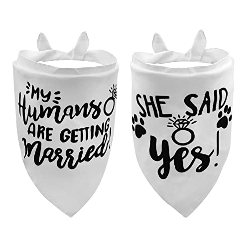 2PCS White My Humans are Getting Married She Said Yes Dog Wedding Engagement Bandana, LMSHOWOWO Dog Bandana Wedding Engagement Announcement Gifts Pet Scarf Accessories for Dog Lovers, Bridal Shower