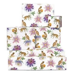 central 23 monkey wrapping paper - 6 sheets of gift wrap with tags - flower design - cute wrapping paper for kids boys girls - for men & women - comes with stickers - recyclable