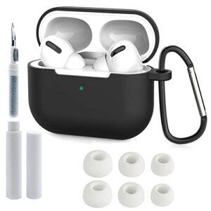 geeice airpods pro case with cleaner kit and replacement ear tips, 3 in 1 soft silicone full protective cover with keychain, cleaning pen and noise reduction hole eartips(s/m/l), black