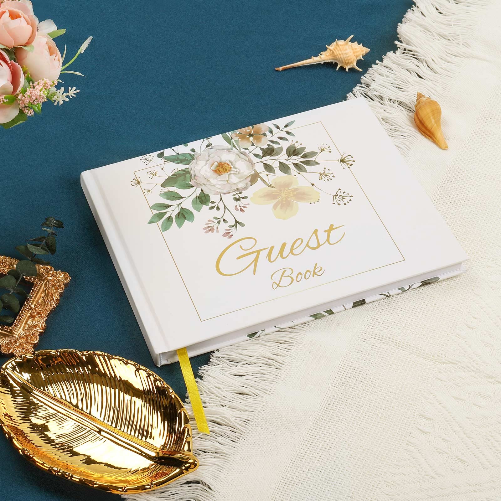 Wedding Guest Book, Guest Sign in Book for Wedding Reception, 120 Pages Hard Cover Guest Book, Beautiful Gold Text with Floral Design Wedding Registry Guestbook for Signing Book 9 x 7 Inch