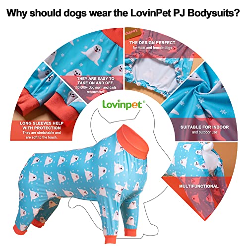 LovinPet Large Big Dog Pajamas - Anxiety Calming, Anti Licking Dog Onesie, Turquoise Sea Plants Print. Large Breed Dog Jammies, Pet PJ's for Travel & Home,Blue 3XL