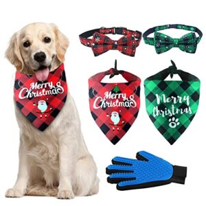 christmas dog collars and bandanas and pet hair remover glove xmas classic plaid snowflake dog neck tie triangle bib scarf kerchief adjustable pet bow tie birthday dog bandanas for small medium dogs