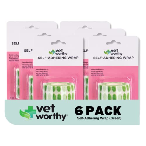 Vet Worthy Self Adhering Wrap for Dogs - Self Adhesive Bandage Wrap for Wounds, Injury, Sprain, and Swelling - Cohesive Bandage First Aid Tape for Dogs and Cats (2-Inch x 5-Yard (Pack of 6))