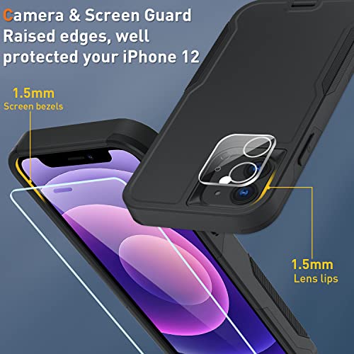 Xmon for iPhone 12 case [Shockproof] [Dropproof] [Tempered Glass Screen Protector with Camera Lens Protector] Heavy Duty Phone Case Cover for Apple iPhone 12 and iPhone 12 Pro 6.1 inch (Black)