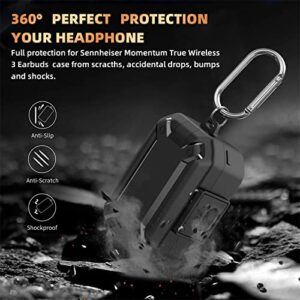 WOFRO Case for Sennheiser Momentum True Wireless 3 Earbuds with Secure Lock Clip Hard Shell Protective Cover Military Armor Series Full-Body Shockproof with Carabiner (Black)