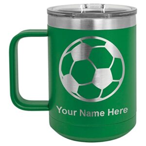lasergram 15oz vacuum insulated coffee mug, soccer ball, personalized engraving included (green)