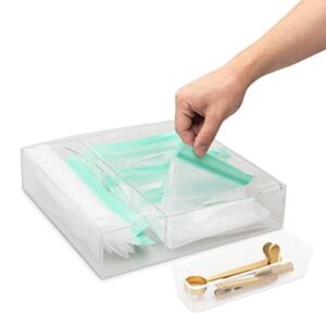 details lab ziplock bag storage organizer with clear acrylic bonus drawer, holds plastic food baggies for kitchen pantry drawer, compatible with all-size ziploc bags, food container organizer