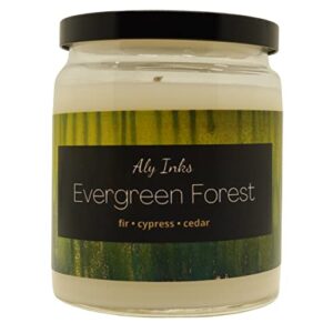 evergreen forest (fir, cypress, cedar) scented 100% soy wax 9.5oz single wick jar candle | made in the usa by aly inks