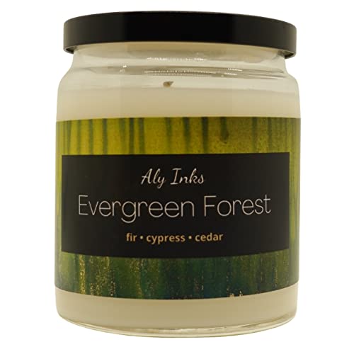 Evergreen Forest (Fir, Cypress, Cedar) Scented 100% Soy Wax 9.5oz Single Wick Jar Candle | Made in The USA by Aly Inks