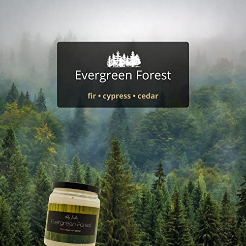 Evergreen Forest (Fir, Cypress, Cedar) Scented 100% Soy Wax 9.5oz Single Wick Jar Candle | Made in The USA by Aly Inks