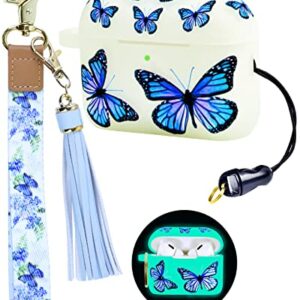 Airpods Pro 2 Case with Keychain Wristlet, Soft Cute Luminous Airpods Pro 2nd Generation Case Cover with Wrist Key Lanyard for AirPods Pro 2nd Generation (2022 Released) Gifts for Women Butterfly