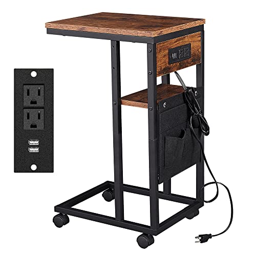 YILFANA C Shaped End Table with Charging Station, C Shaped Side Table with Storage and Lockable Wheels, C Table with USB Ports & Power Outlets, for Living Room, Bedroom, Brown