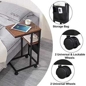 YILFANA C Shaped End Table with Charging Station, C Shaped Side Table with Storage and Lockable Wheels, C Table with USB Ports & Power Outlets, for Living Room, Bedroom, Brown