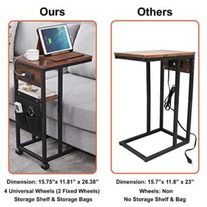 YILFANA C Shaped End Table with Charging Station, C Shaped Side Table with Storage and Lockable Wheels, C Table with USB Ports & Power Outlets, for Living Room, Bedroom, Brown