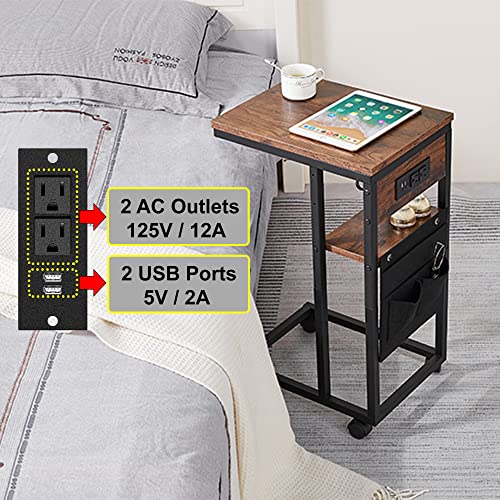 YILFANA C Shaped End Table with Charging Station, C Shaped Side Table with Storage and Lockable Wheels, C Table with USB Ports & Power Outlets, for Living Room, Bedroom, Brown