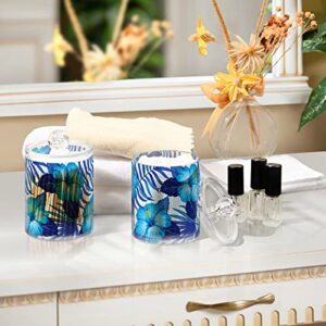 Fustylead 2 Pack Exotic Blue Hibiscus Flowers Qtip Holder Dispensers, Plastic Apothecary Jar Bathroom Accessories Set for Cotton Ball, Swab, Round Pads, Floss