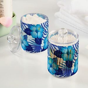 Fustylead 2 Pack Exotic Blue Hibiscus Flowers Qtip Holder Dispensers, Plastic Apothecary Jar Bathroom Accessories Set for Cotton Ball, Swab, Round Pads, Floss