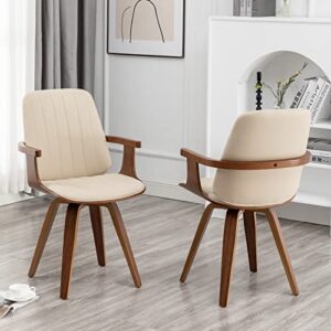 wupoto dining chairs set of 2, mid century modern dining room chairs, upholstered faux leather kitchen chairs with wooden arms and legs, 360 degree swivel (beige)